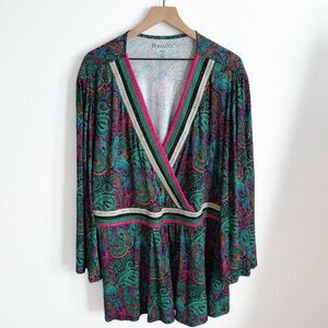 Roamans Top Womens‎ 2X Green Paisley Colorful Print 3/4 Sleeve Jersey Knit Comfy
